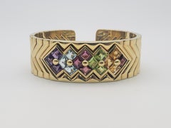 Vintage 18K Italian Yellow Gold Multi-Color Gemstone Chevron Cuff Bracelet