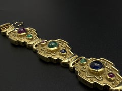 Vintage 1980s 18K 14K Yellow Gold Emerald Ruby Sapphire Byzantine Bracelet
