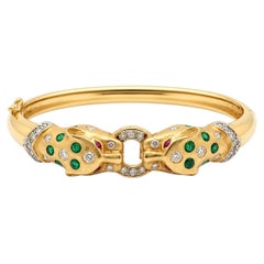 18K Yellow Gold Emerald Ruby Diamond Double Panther Head Bangel Bracelet