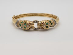 18K Yellow Gold Emerald Ruby Diamond Double Panther Head Bangel Bracelet