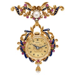 Vintage Rondine by Marc Nicolet 18K Yellow Gold Enamel Ruby & Pearl Brooch Watch
