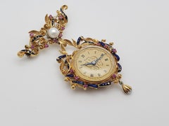Vintage Rondine by Marc Nicolet 18K Yellow Gold Enamel Ruby & Pearl Brooch Watch