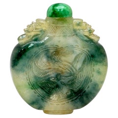 350.42 CT Antique Chinese Carved Jade Snuff Bottle Buddha Phoenix Emerald Green