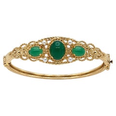 Antique 14K Yellow Gold Green Gemstone Pearl Floral Intricate Bangle Bracelet