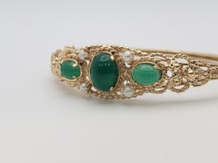 Antique 14K Yellow Gold Green Gemstone Pearl Floral Intricate Bangle Bracelet