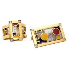 Bagués Masriera 18K Gold Art Deco Enamel Diamond Quartz Ring & Brooch Set
