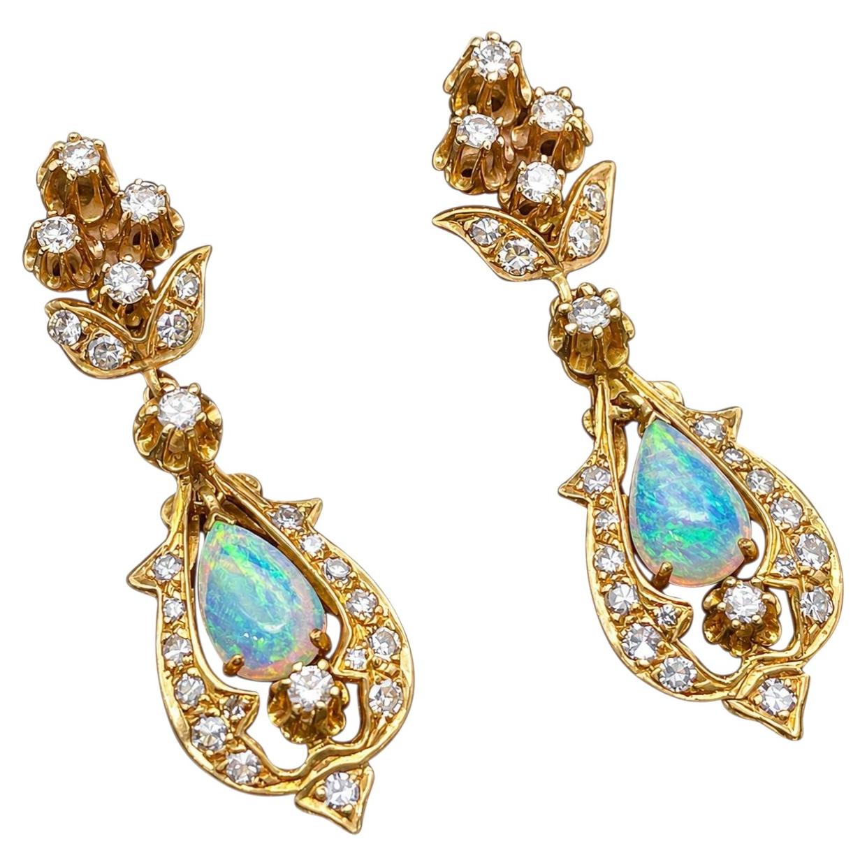 14K Yellow Gold Natural Opal Diamond Chandelier Earrings