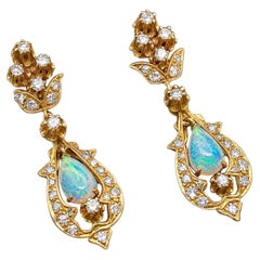 14K Yellow Gold Natural Opal Diamond Chandelier Earrings