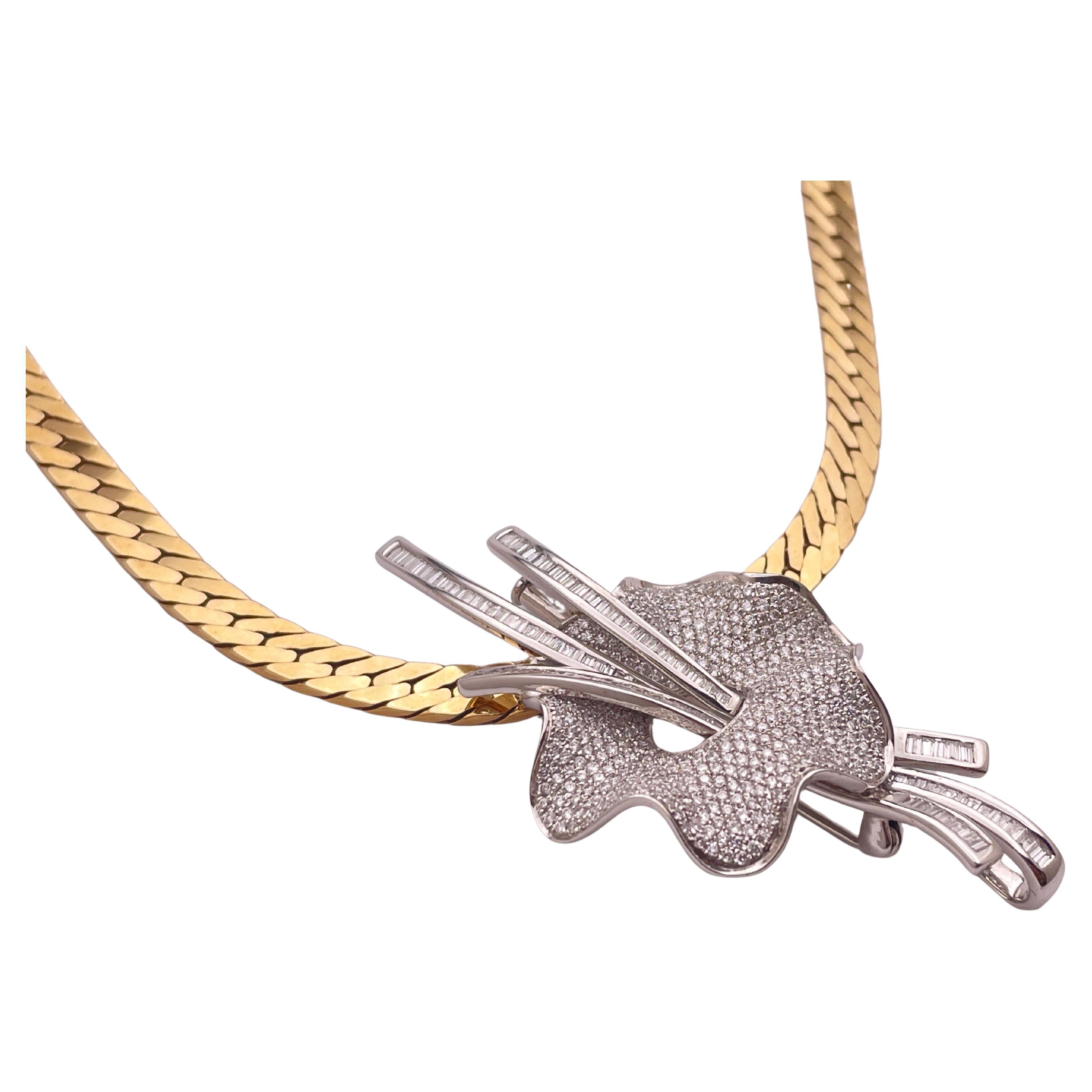 18K White Gold Diamond Floral Lilly Anhänger 14K Yellow Gold Link Chain im Angebot