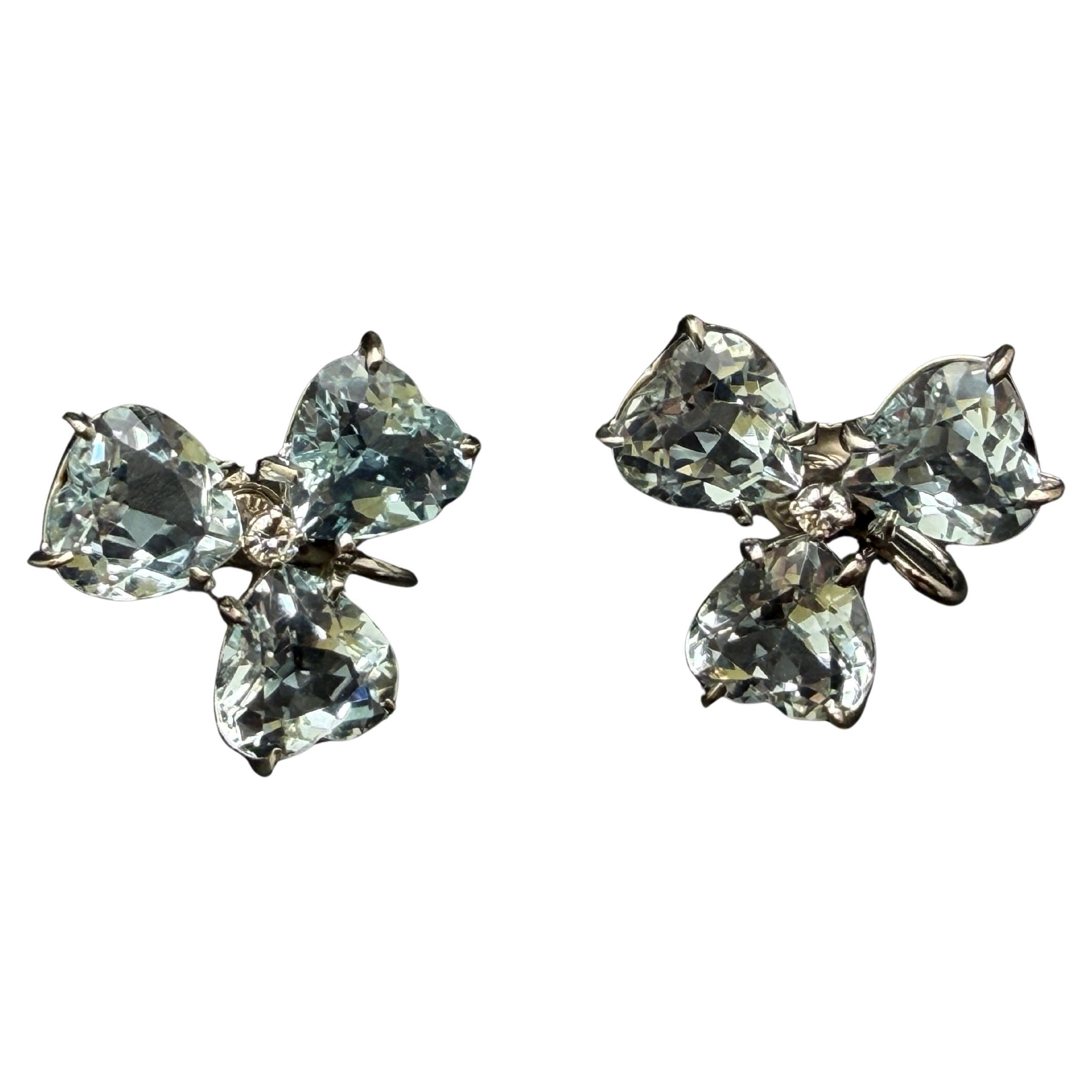 Orecchini a trifoglio in oro bianco 14K con diamante e acquamarina blu certificati IGI 18 CT