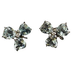 Orecchini a trifoglio in oro bianco 14K con diamante e acquamarina blu certificati IGI 18 CT