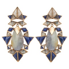 Boucles d'oreilles géométriques en or jaune 18 carats avec saphir et béryl, certifiées IGI, signées Paolo Costagli