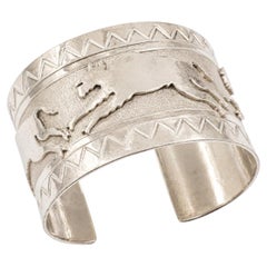Native American Sterling Silver Running Bulls Cuff Bracelet