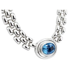 Italian Sterling Silver Blue Topaz Panther Brick Link Necklace