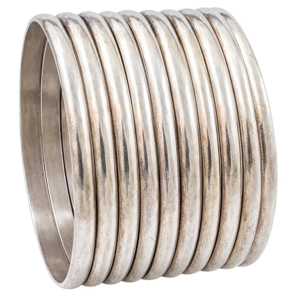 Set of 8 Vintage Taxco Mexico Sterling Silver Stackable Bangle Bracelets