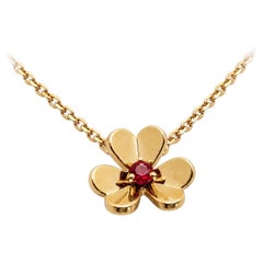 Van Cleef & Arpels Frivole Mini 18K Yellow Gold Ruby Flower Pendant Necklace