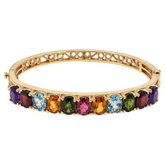14K Yellow Gold Multicolor Gemstone Hinged Bangle Bracelet