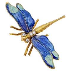 Riker Brothers Art Nouveau 14K Yellow Gold Enamel Diamond Dragonfly Stickpin