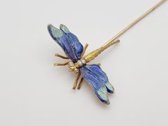 Riker Brothers Art Nouveau 14K Yellow Gold Enamel Diamond Dragonfly Stickpin
