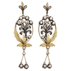 Boucles d'oreilles pendantes de style Art nouveau impérial russe, en or 14 carats, argent et diamants, avec motif floral