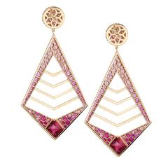 Graduate color drop earrings in gold , Ruby, Pink Sapphire and sugarloaf Rubelite