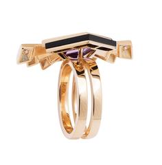 Cocktail ring in gold sets with Diamonds, Amethyst and onyx