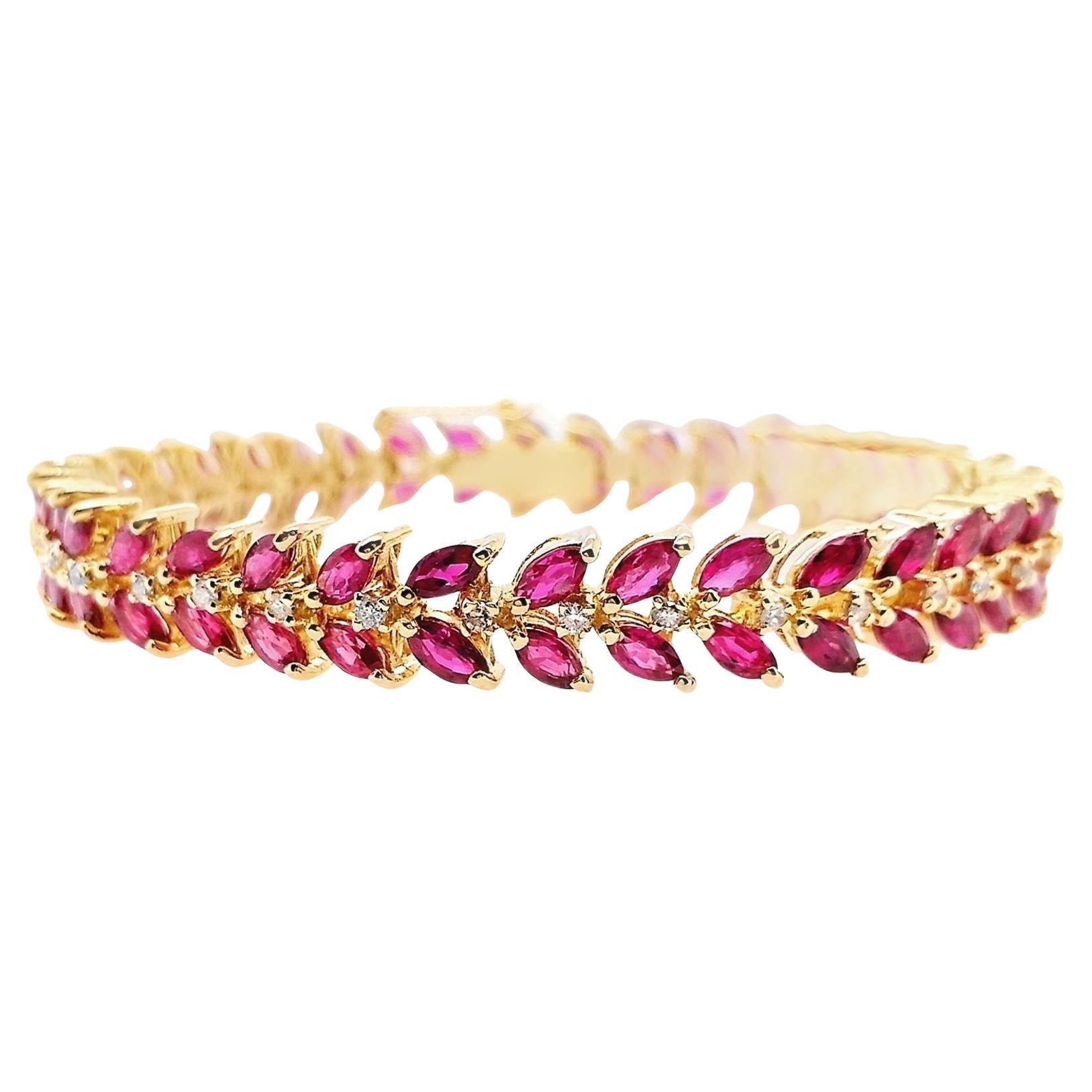 IGI Certified 7.60 Ct Natural Rubies and 0.35 Ct Natural Diamonds Gold Bracelet For Sale