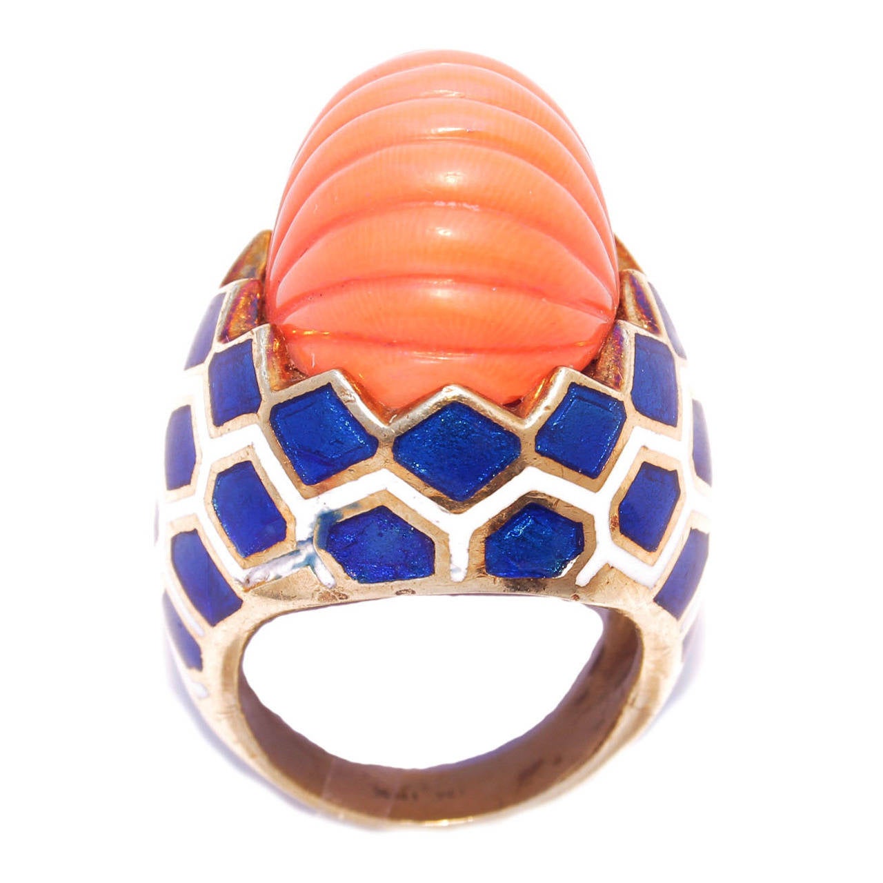 Enameled Coral Gold Cocktail Ring