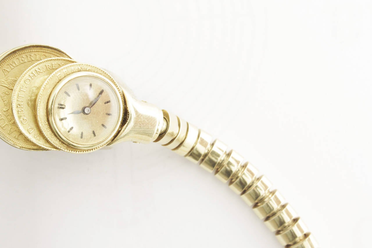 Boucheron Yellow Gold Dollar Sterling Franc Gold Coin Bracelet Wristwatch In Good Condition For Sale In New York, NY