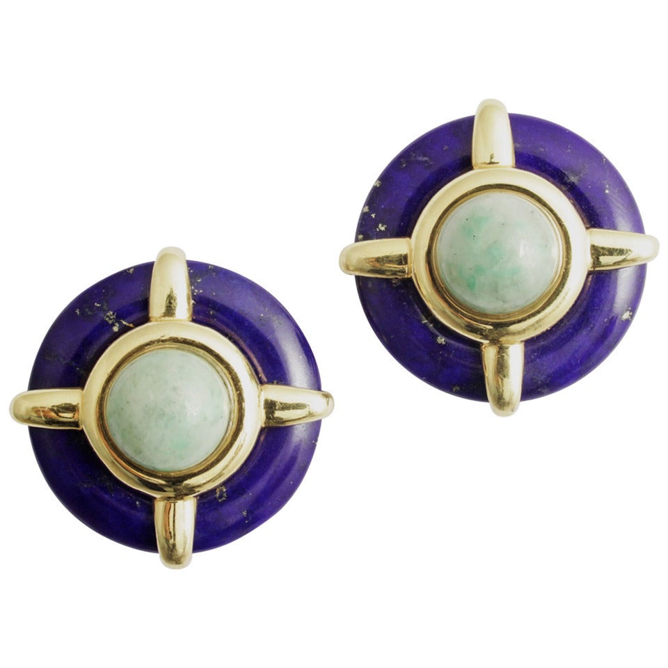 1973 Aldo Cipullo Lapis Lazuli Jade Gold Earrings