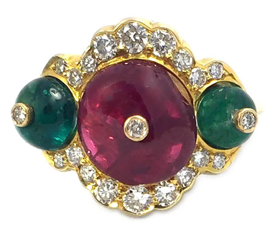 Spinel Emerald Diamond Gold Ring 