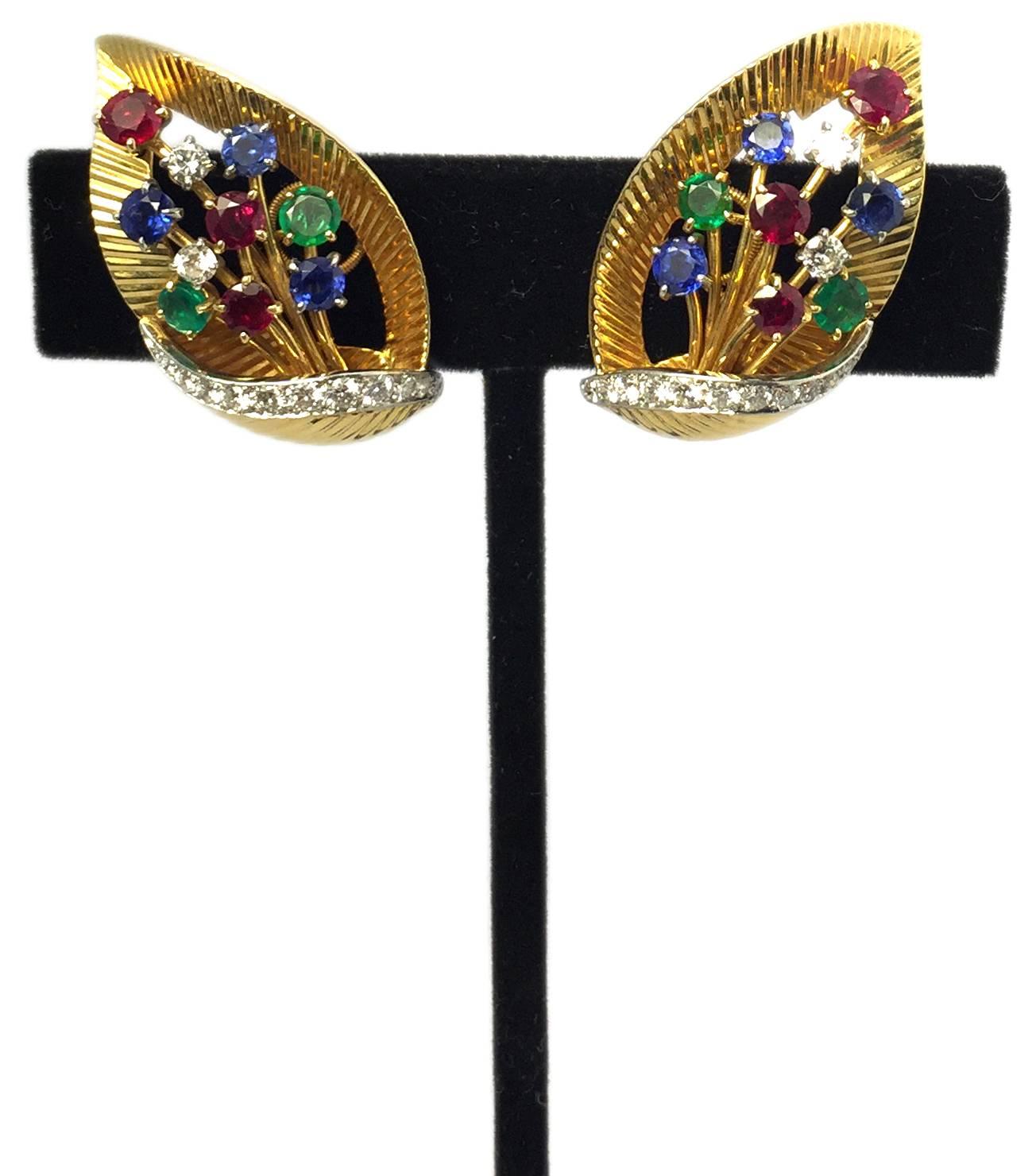 Cartier Ruby Emerald Sapphire Gold Leaf Ear Clips In Excellent Condition For Sale In New York, NY