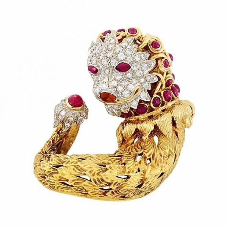 Ruby Diamond Gold Sea Lion Brooch For Sale