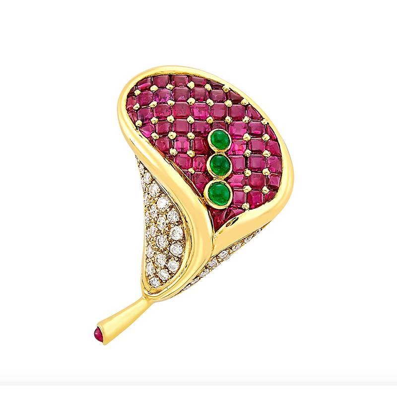 Faraone Flower Ruby Diamond Emerald Brooch For Sale