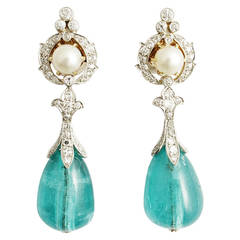 Important Natural Pearl Emerald Diamond Platinum Earrings 1