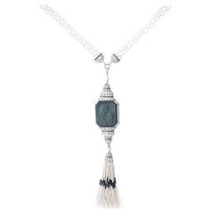 Art Deco Carved Tourmaline Natural Pearl Onyx Diamond Sautoir Necklace