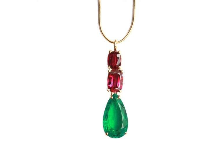 Women's 4.2 Carat Colombian Emerald and Tourmaline Pendant Necklace
