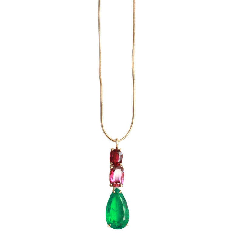 4.2 Carat Colombian Emerald and Tourmaline Pendant Necklace