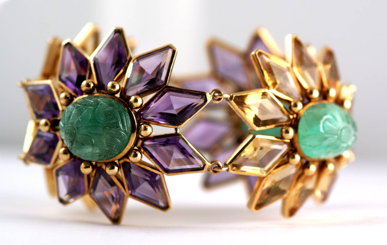 Women's Chunky Citrine Amethyst Carved Emerald Gold Link Bracelet For Sale