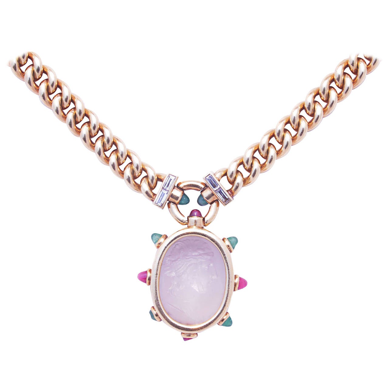 Bulgari Unusual Agate Ruby Emerald Diamond Pendant Necklace