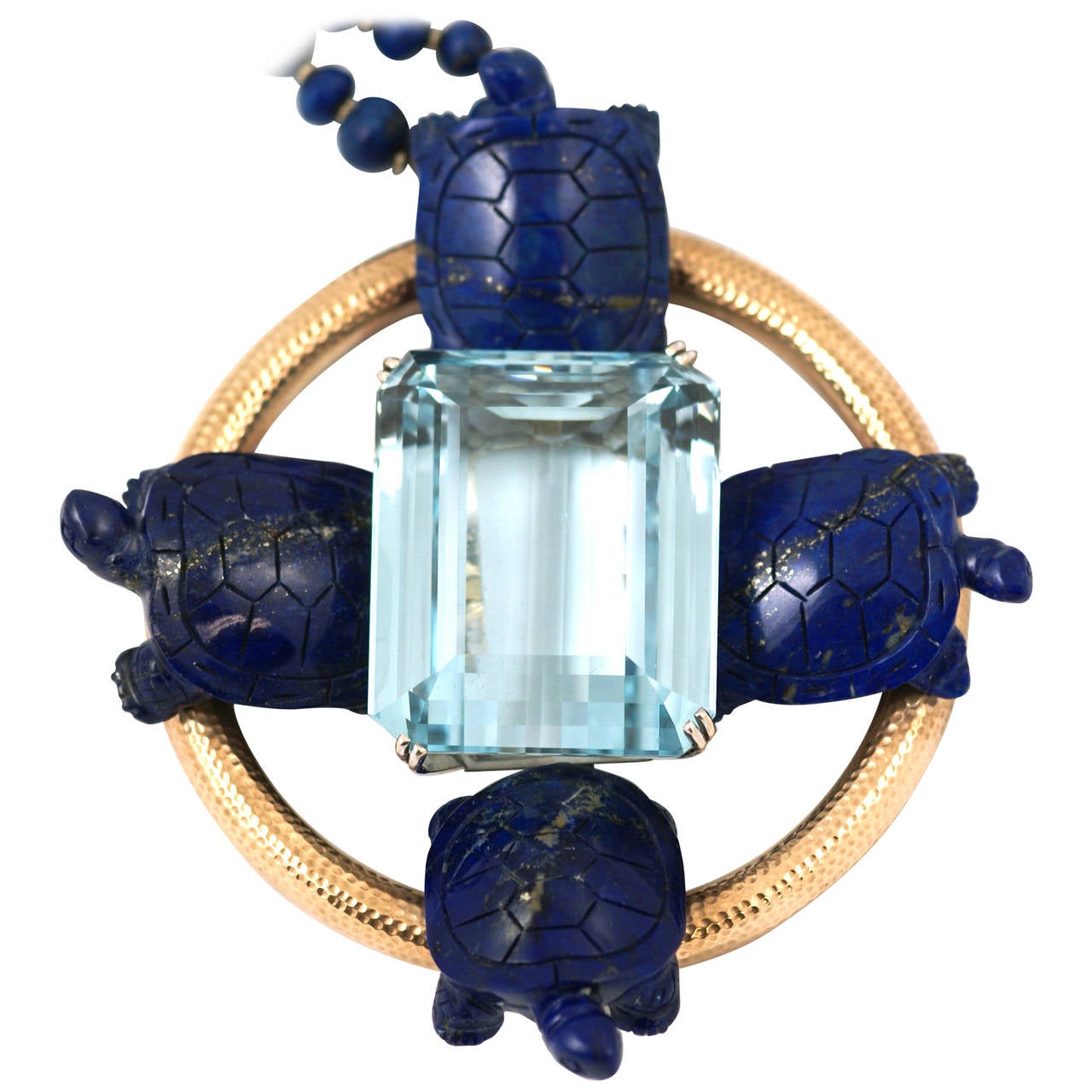 Beeindruckender 330 Karat Aquamarin- und Lapislazuli-Schildkrötenanhänger-Halskette im Angebot