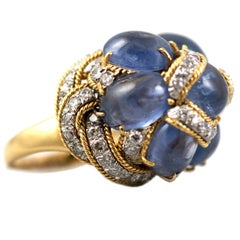 Vintage Cabochon Sapphire Diamond Gold Cocktail Ring