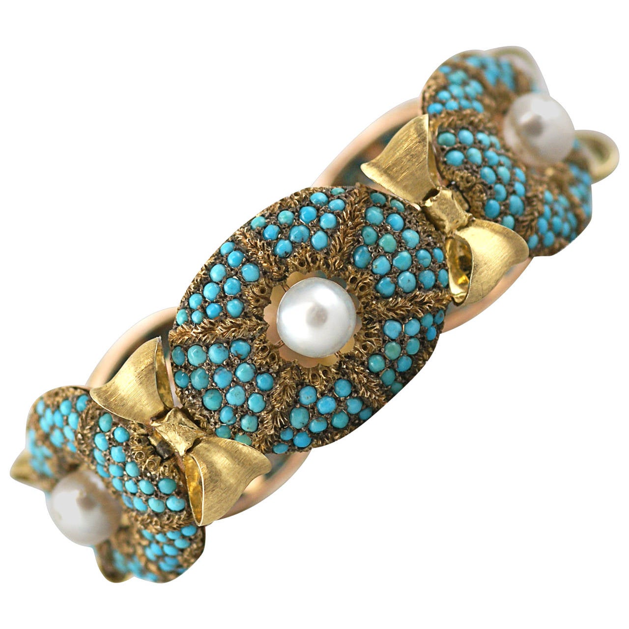 1955 Buccellati Turquoise Pearl Gold Bow Bracelet