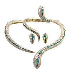 Important Emerald Sapphire Diamond Gold Snake Set 10