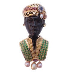 Large Extravagant Wood Gold Gem Set Diamond Blackamoor Brooch/Pendant 11
