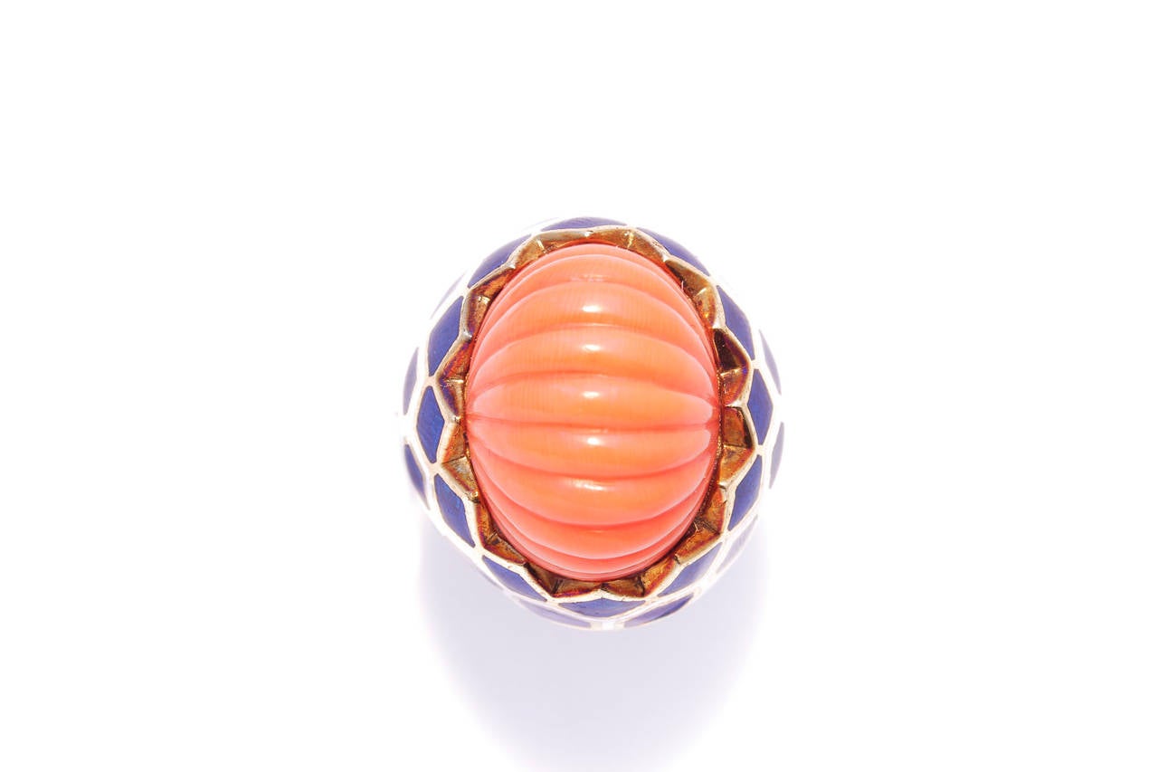 Modern Enameled Coral Gold Cocktail Ring