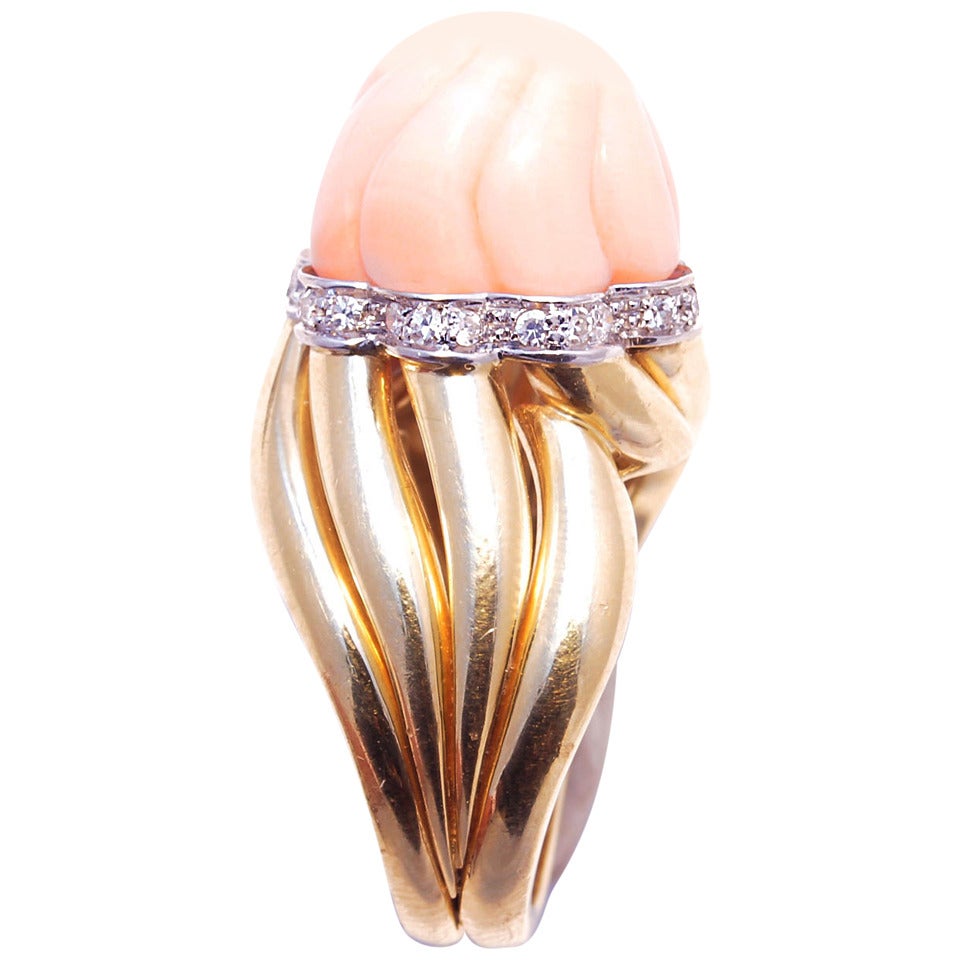 Italian Coral Diamond Gold RIng For Sale