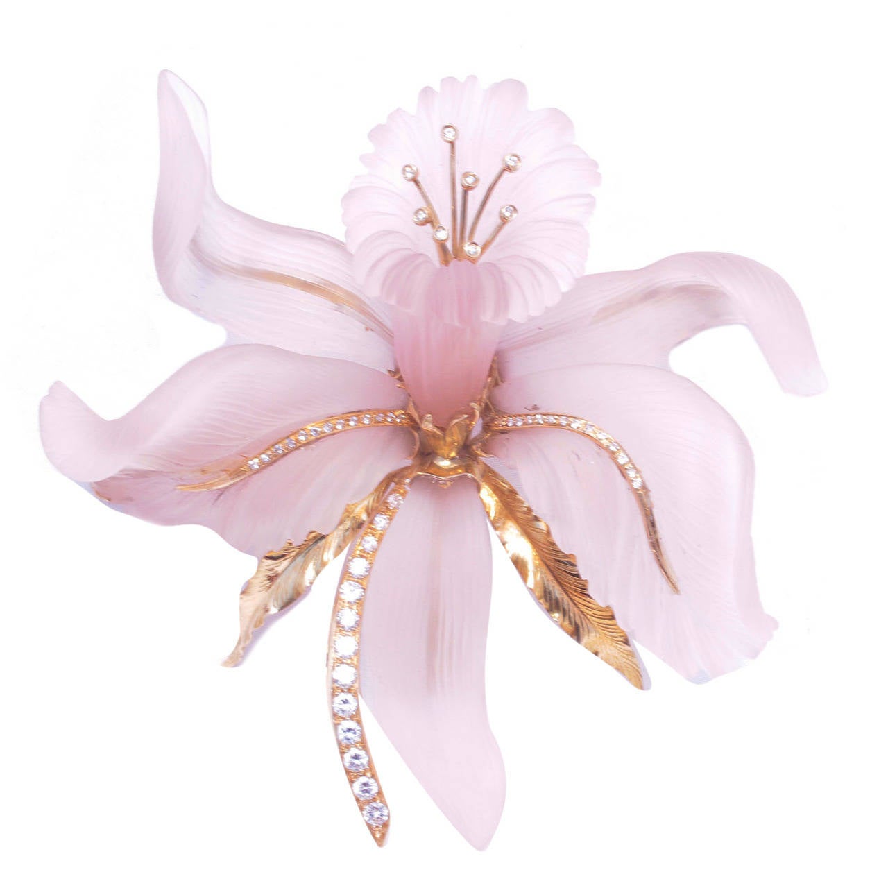 Large Rose Quartz Diamond Orchid Brooch