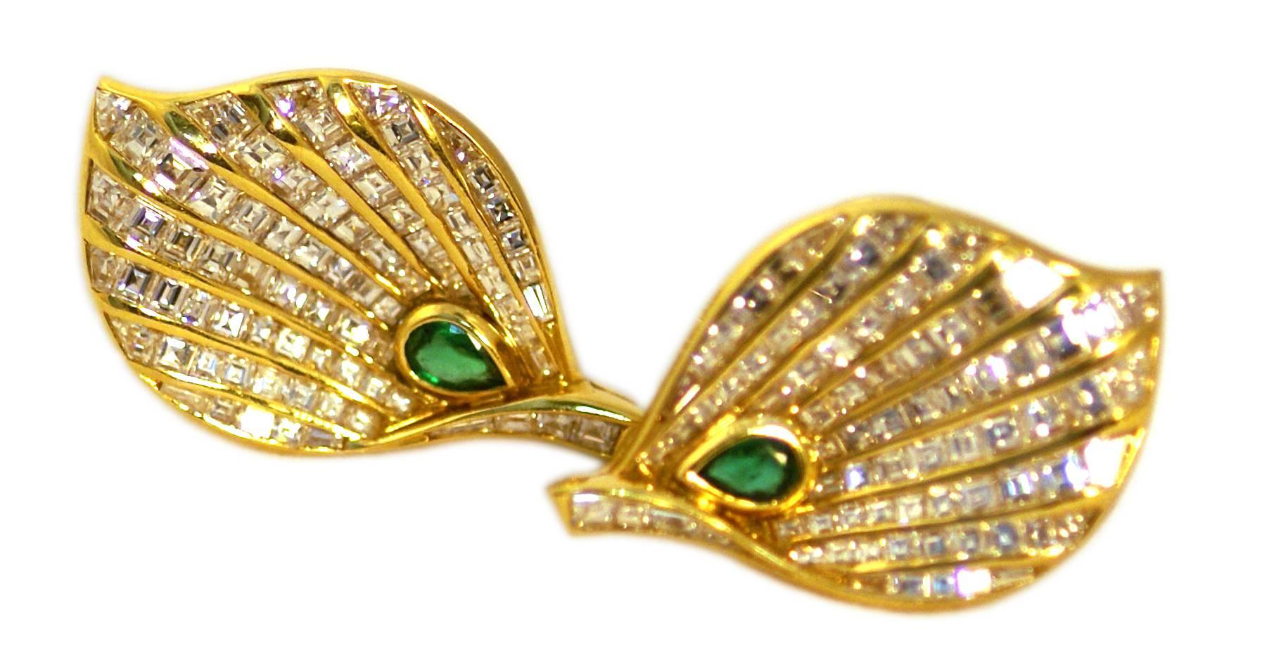 A pair of articulated diamond and emerald leaf design ear-clips by esteemed Turin jeweler Fasano, circa 1985.