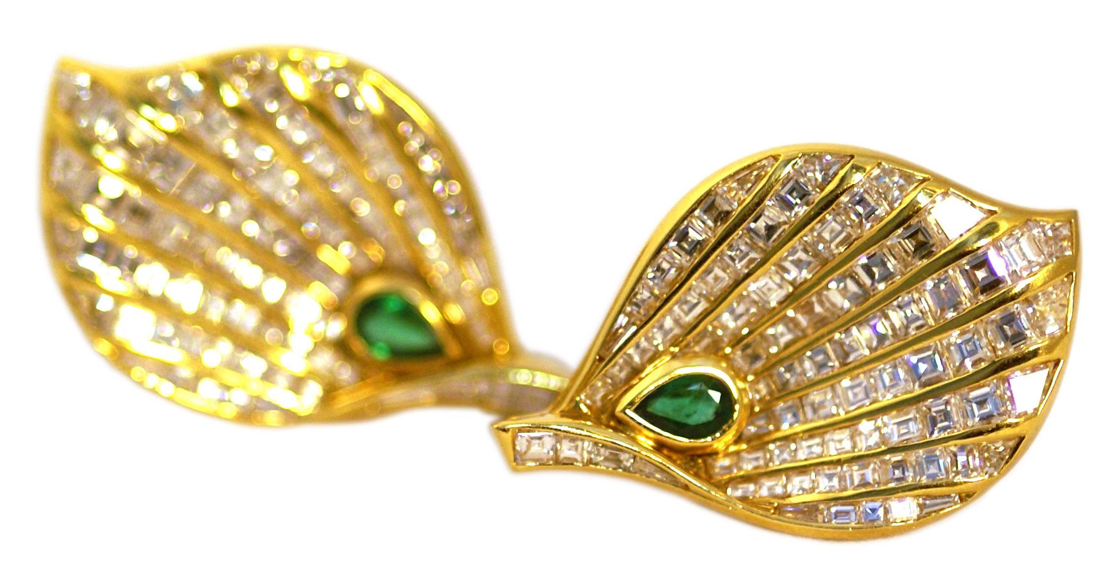 Fasano Emerald Diamond gold Leaf Ear-Clips In Excellent Condition In New York, NY